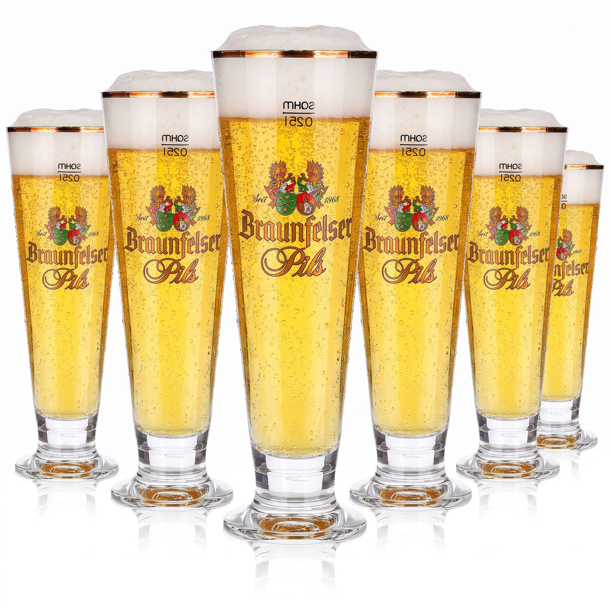 6 verres à bière Braunfelser de 0,25 l, forme coupe, bord doré, Pils Sahm (lot de 6)