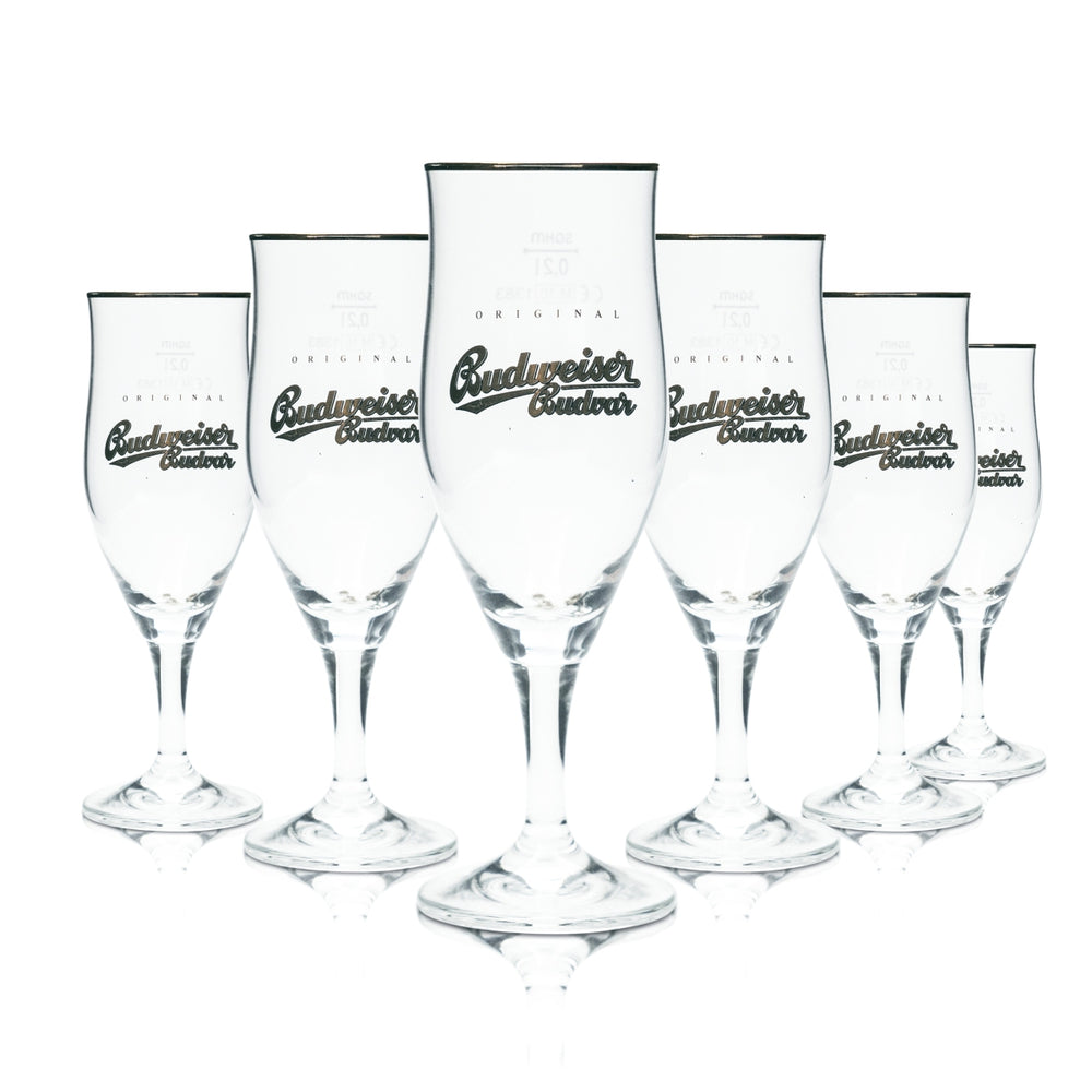 6 verres Budweiser 0,2 l, forme tulipe, bord doré, verres à bière Budvar Czech Lager Pils