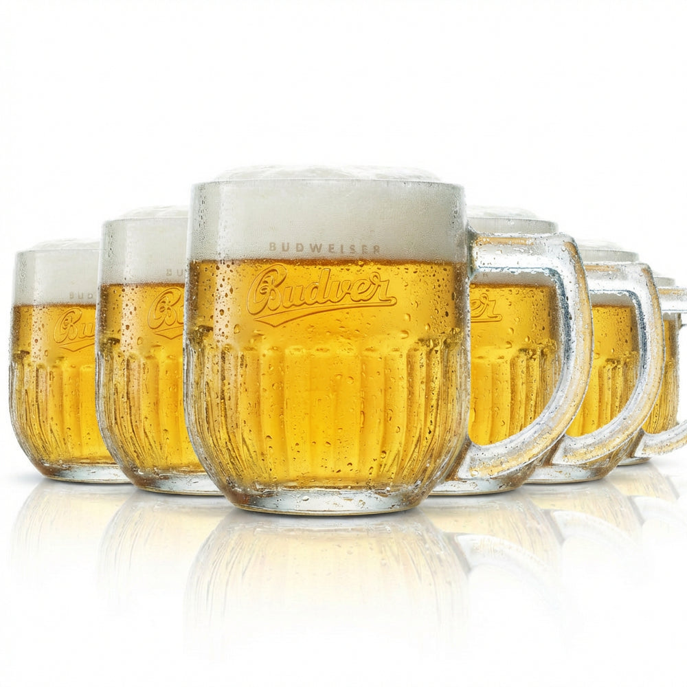 6 verres Budweiser 0,3 l, chopes à bière en relief, verres Budvar, République tchèque, Seidel
