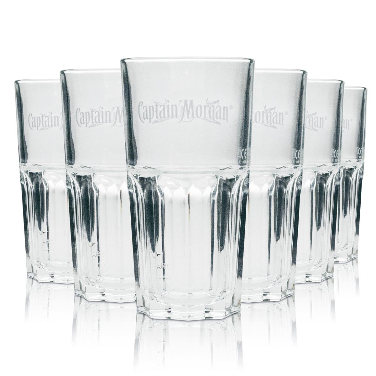 6 verres à long drink Captain Morgan Rum, inscription blanche/logo épée