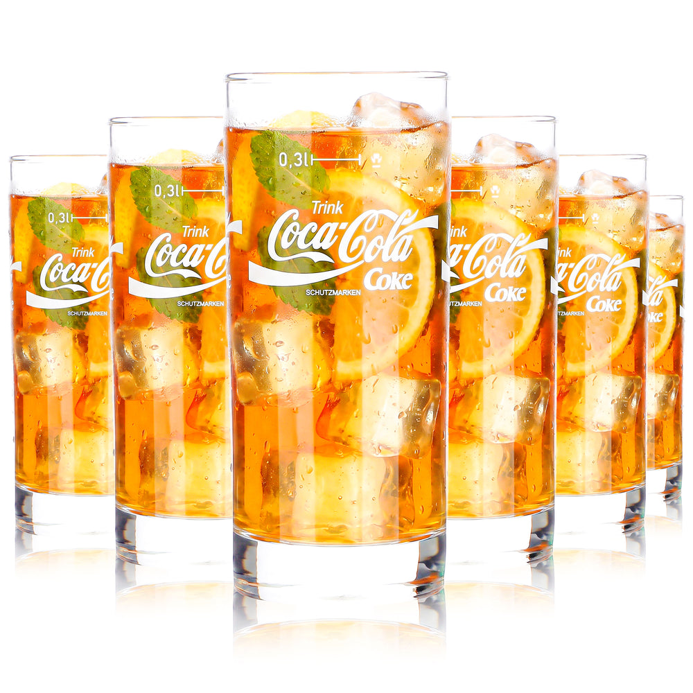 Lot de 6 verres à boisson gazeuse Coca-Cola, 0,3 l, logo blanc « Coke », avec caféine