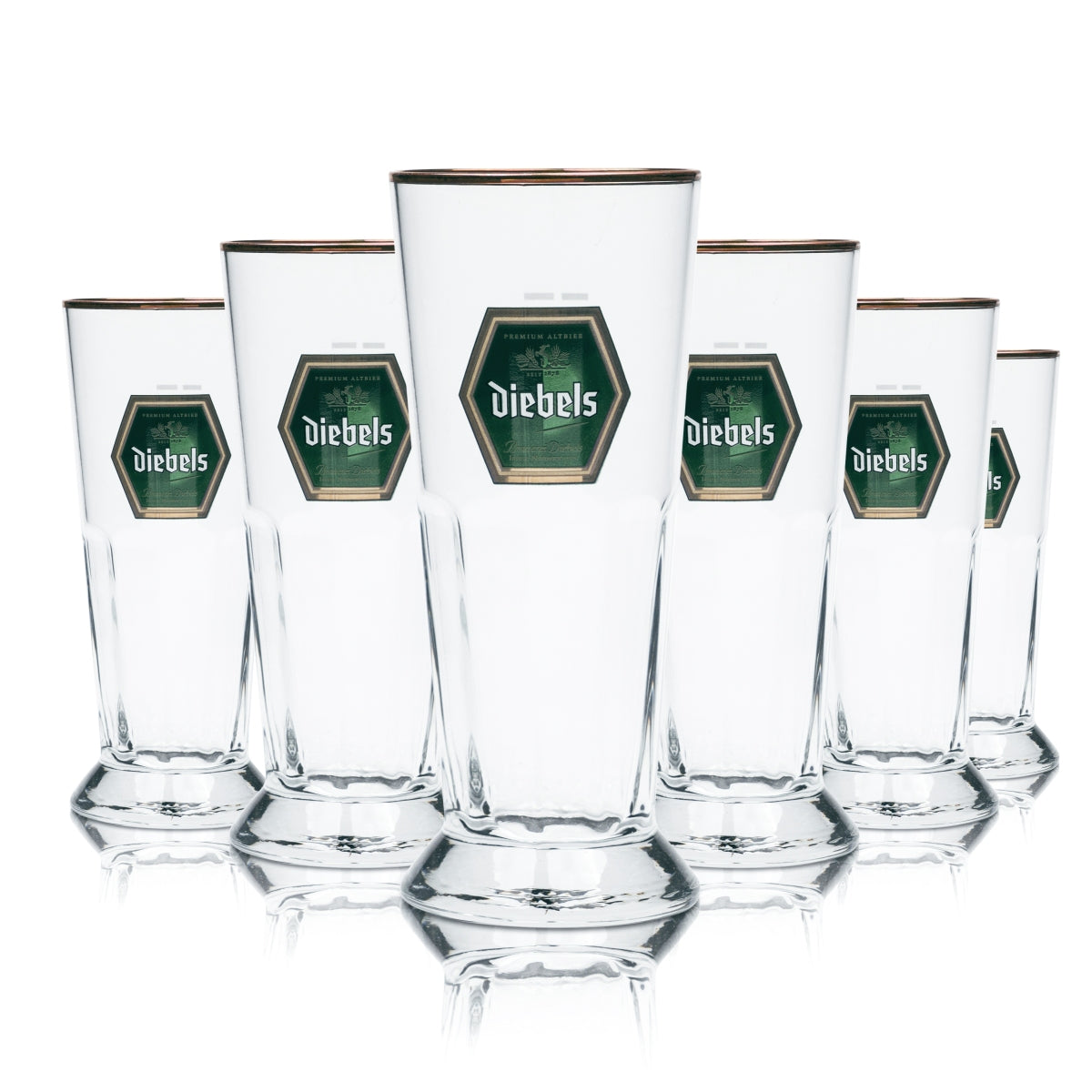 6x verre à bière Diebels 0,25 l, coupe avec relief et bord en cuivre, verres tulipe, brasserie, coupe, bar