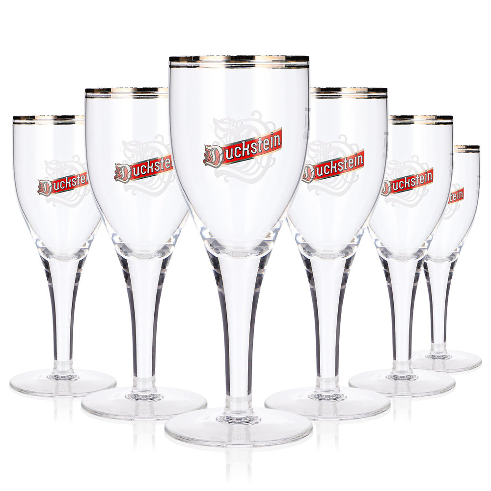 6 verres à bière Duckstein 0,2 l, forme tulipe, bord argenté, couleur crème, logo rouge (lot de 6)