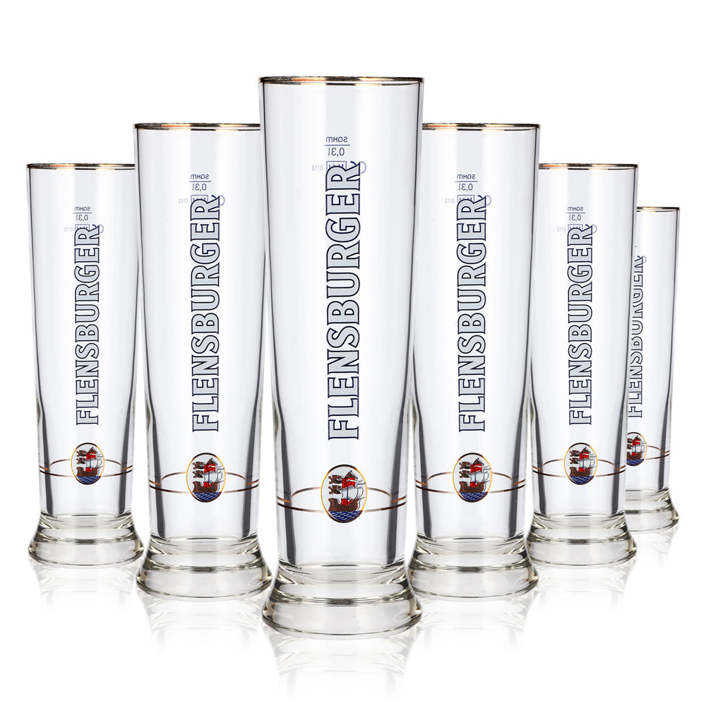 6 verres à bière de Flensburg, 0,3 l, forme de coupe, bord doré, couleur crème