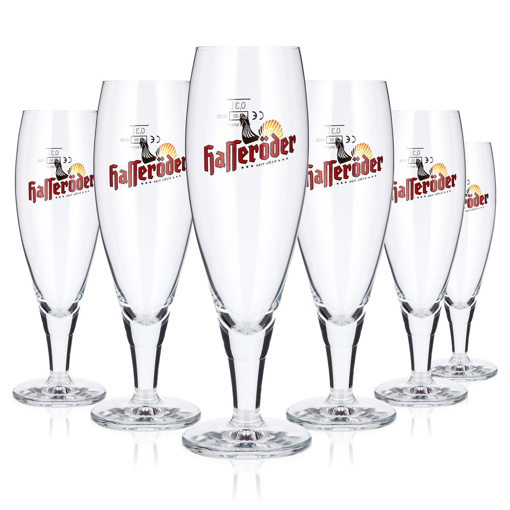 6 verres à bière Hasseröder de 0,3 l, modèle « Pokal » avec coq doré, Ritzenhoff, forme tulipe