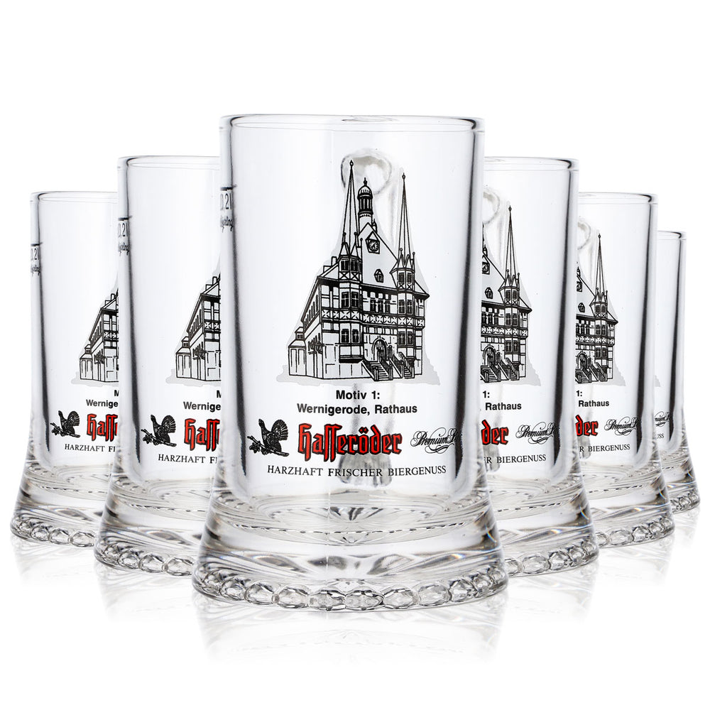 6 verres à bière Hasseröder, chope de 0,2 l, motif n° 1 : mairie de Wernigerode (lot de 6)