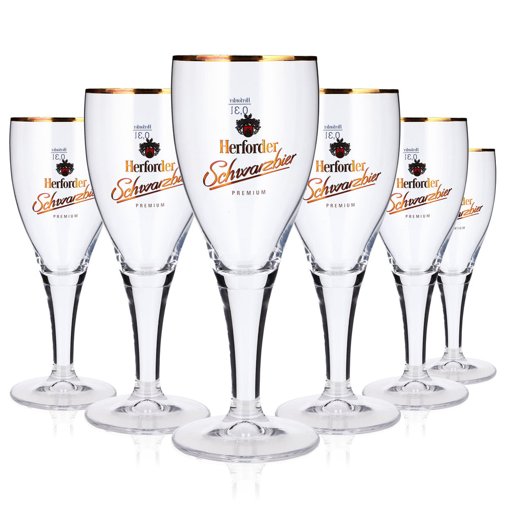 Lot de 6 verres à bière de la brasserie Herforder, 0,3 l, forme calice, bord doré, verre à bière brune