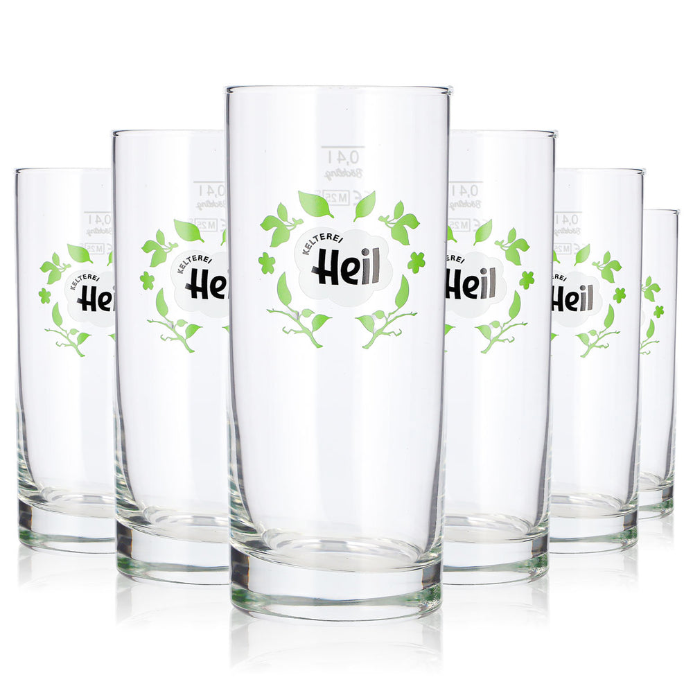 6 verres à cidre « Kelterei Heil » 0,4 l, format long drink, logo vert « plantes » (lot de 6)