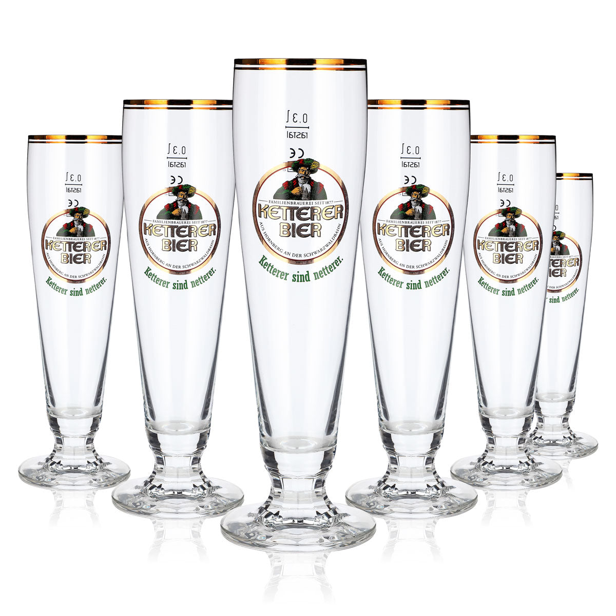 6 verres à bière Ketterer de 0,3 l, forme coupe, bord doré, motif Rastal (lot de 6)