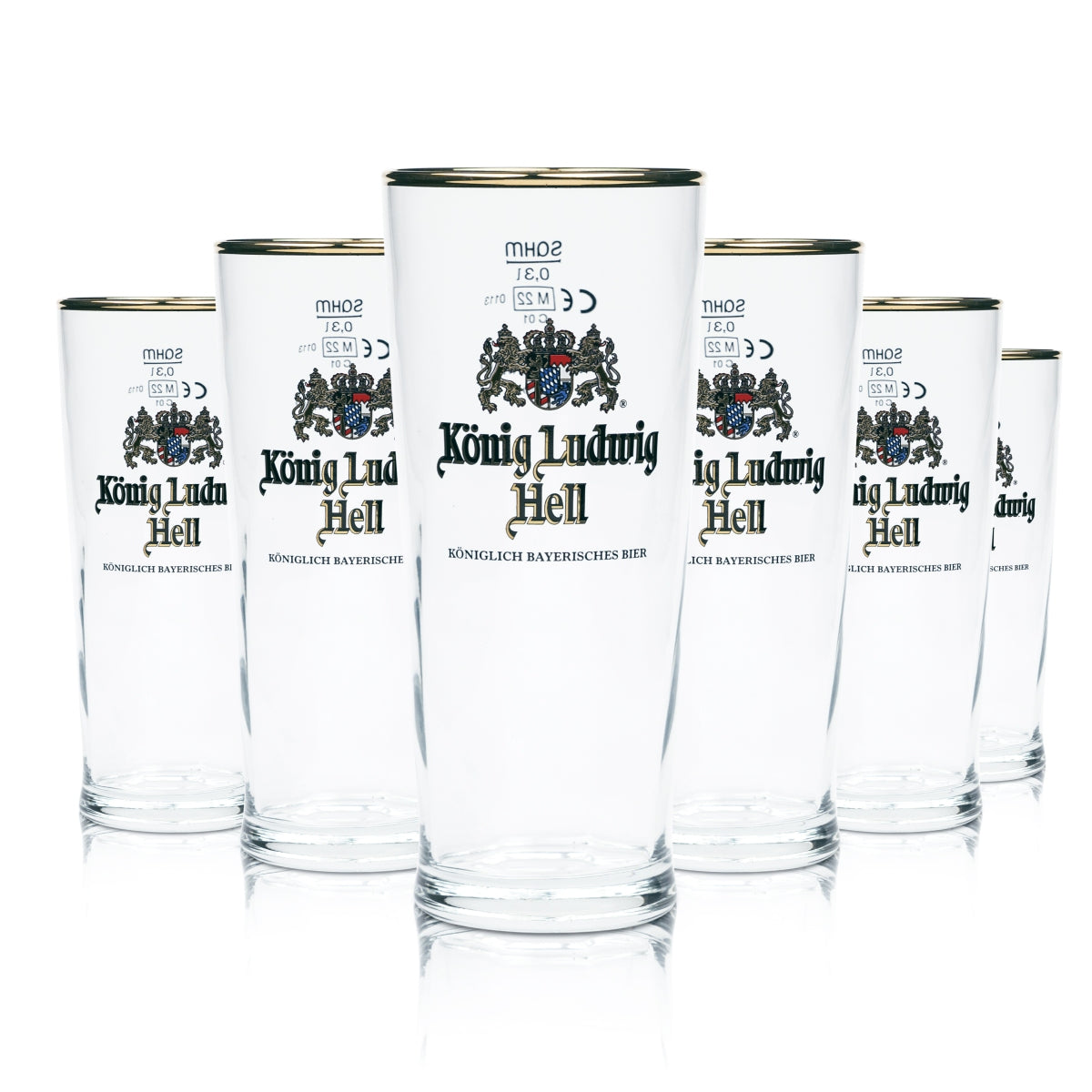 6 verres à bière König Ludwig Hell 0,3 l, bord doré Germania, relief Sahm