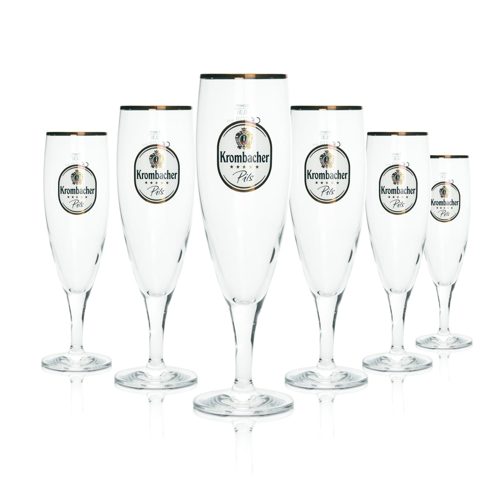 6 verres Krombacher 0,3 l, forme tulipe, bord doré, bière blonde, brasserie gastronomique