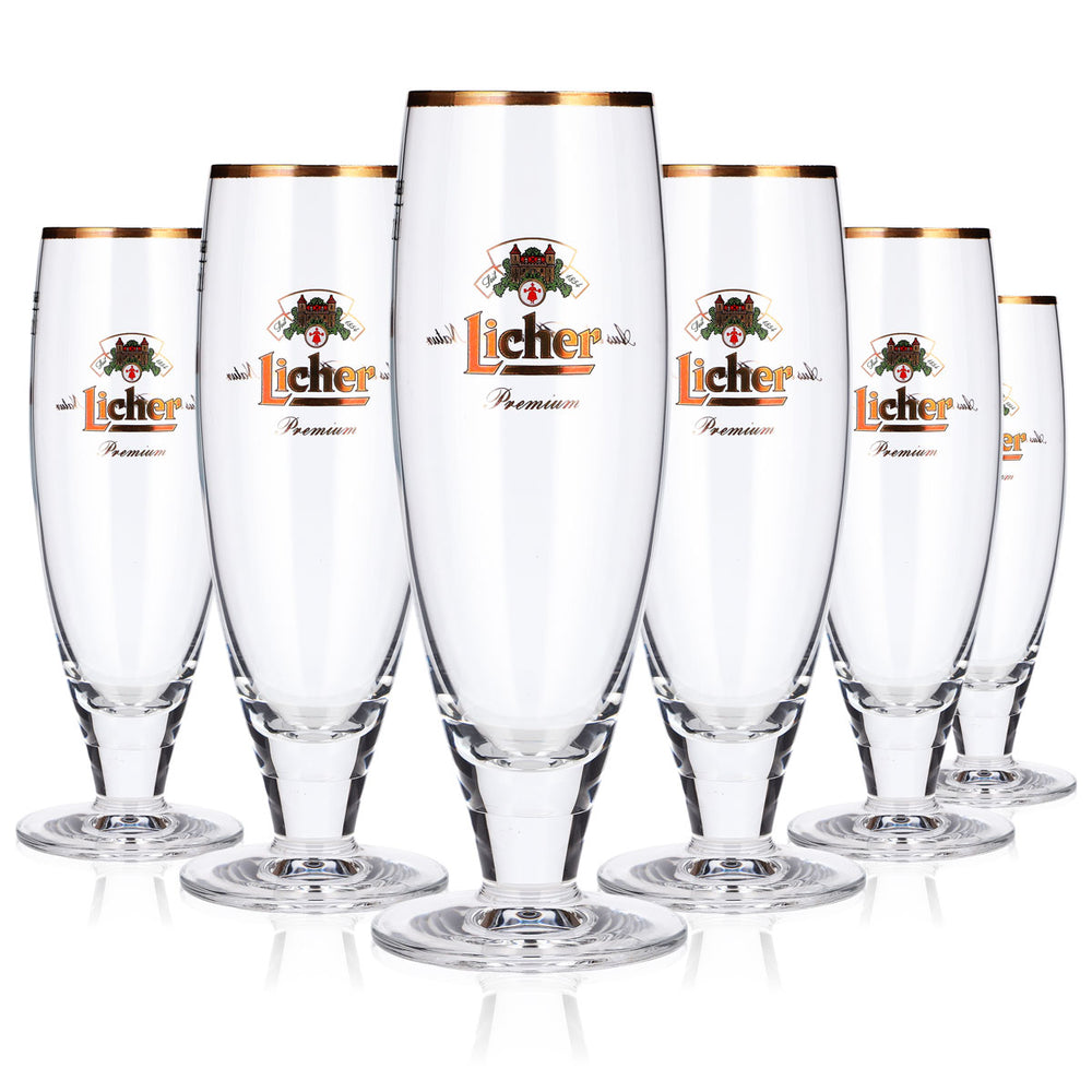 6 verres à bière Licher de 0,2 l, modèle « Pokal », gamme Premium, bord doré, motif Rastal