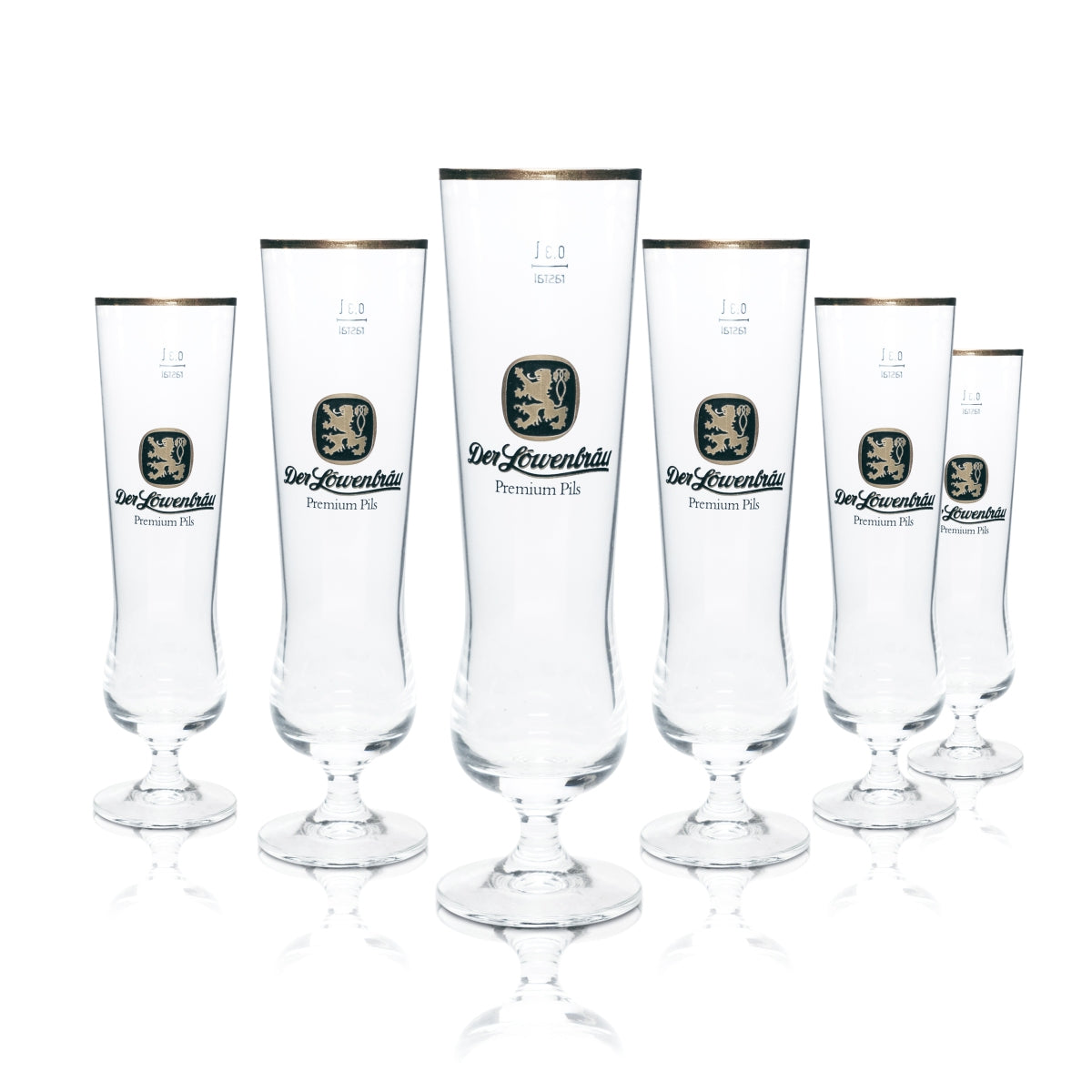 6 verres à bière Löwenbräu 0,3 l, forme tulipe, bord doré, brasserie Gastro München