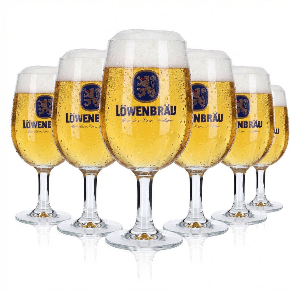6 verres Löwenbräu 0,4 l, forme boule, ensemble, verres à bière tulipe, brasserie, Bavière, gastronomie