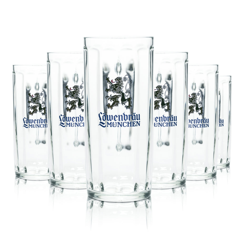 6 verres Löwenbräu 0,5 l, chopes, verres à bière, brasserie Munich, gastronomie