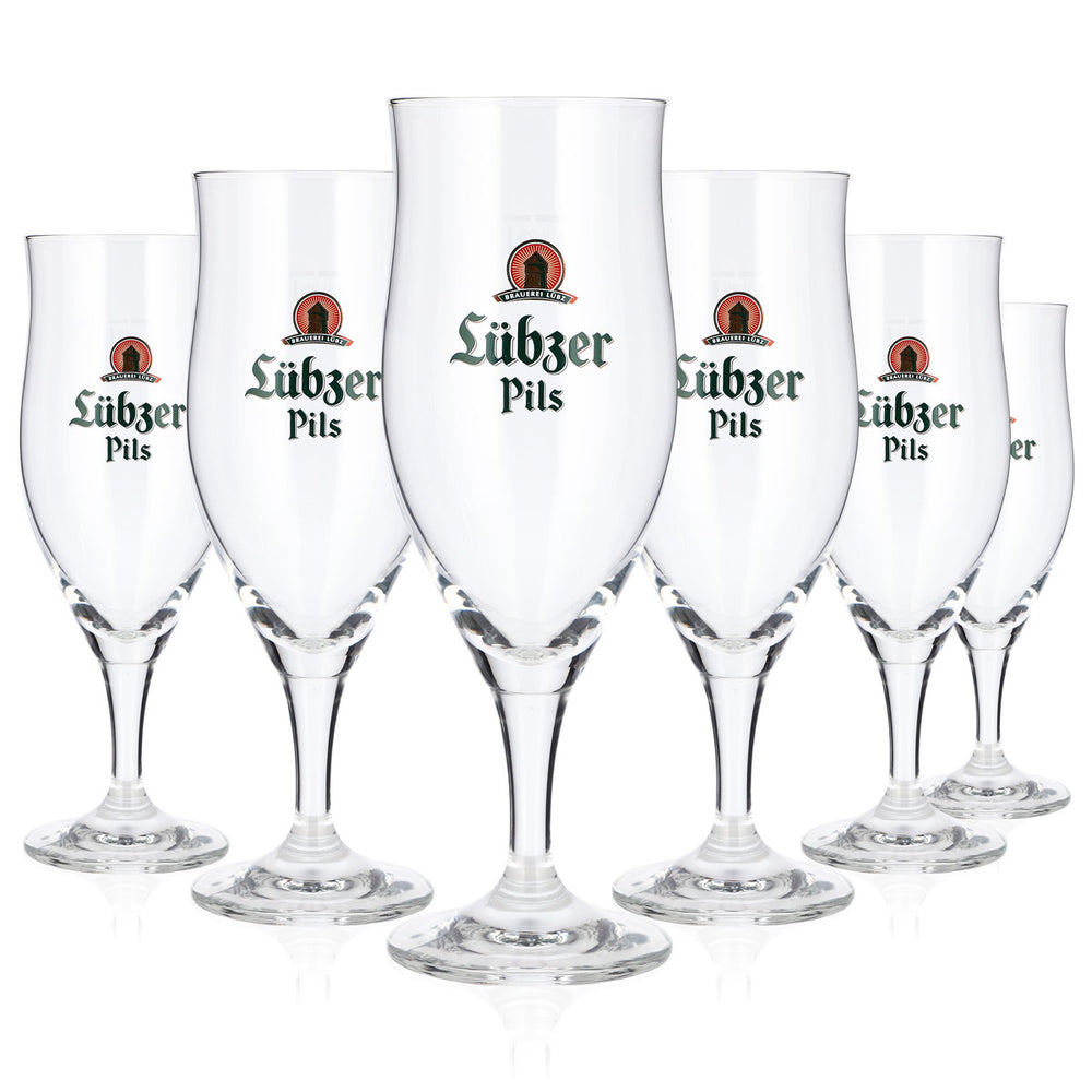 Lot de 6 verres à bière Lübzer de 0,25 l, forme tulipe, logo vert, verres à bière Ritzenhoff