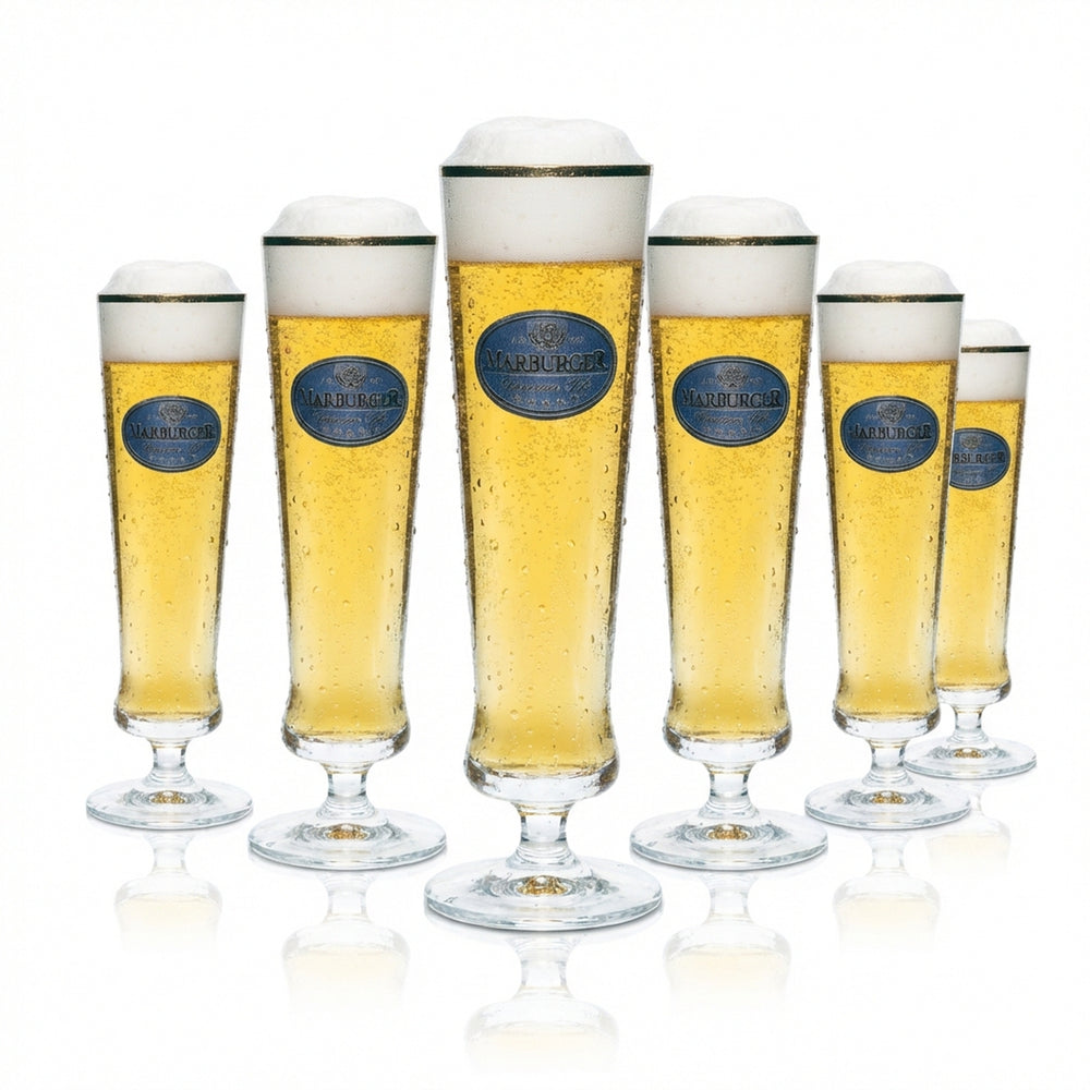 6 verres à bière Marburger 0,2 l, forme tulipe, bord doré, brasserie, calibrés, restauration