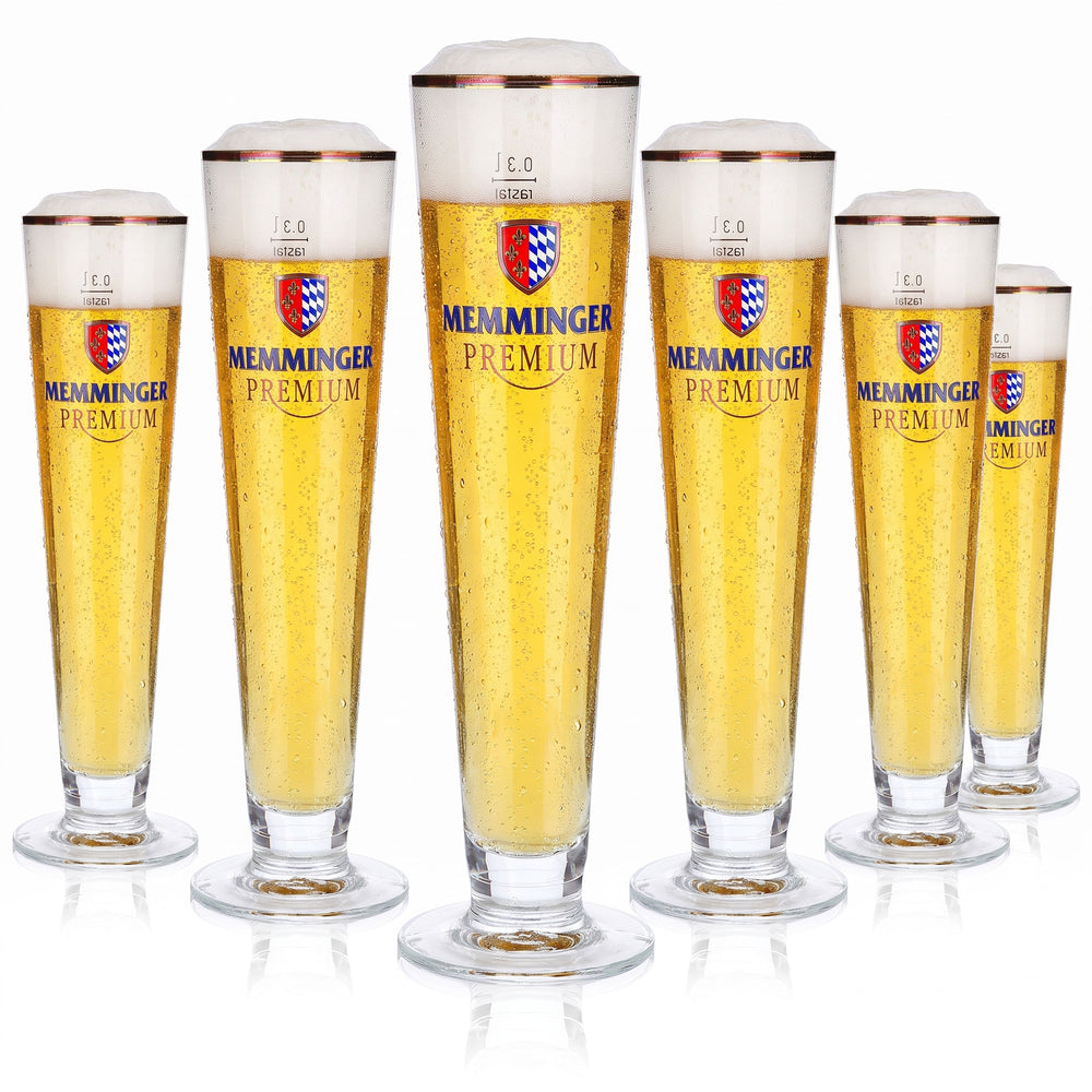 Lot de 6 verres à bière Memminger de 0,3 l, modèle « Pokal » Premium à bordure dorée, motif Rastal (lot de 6)