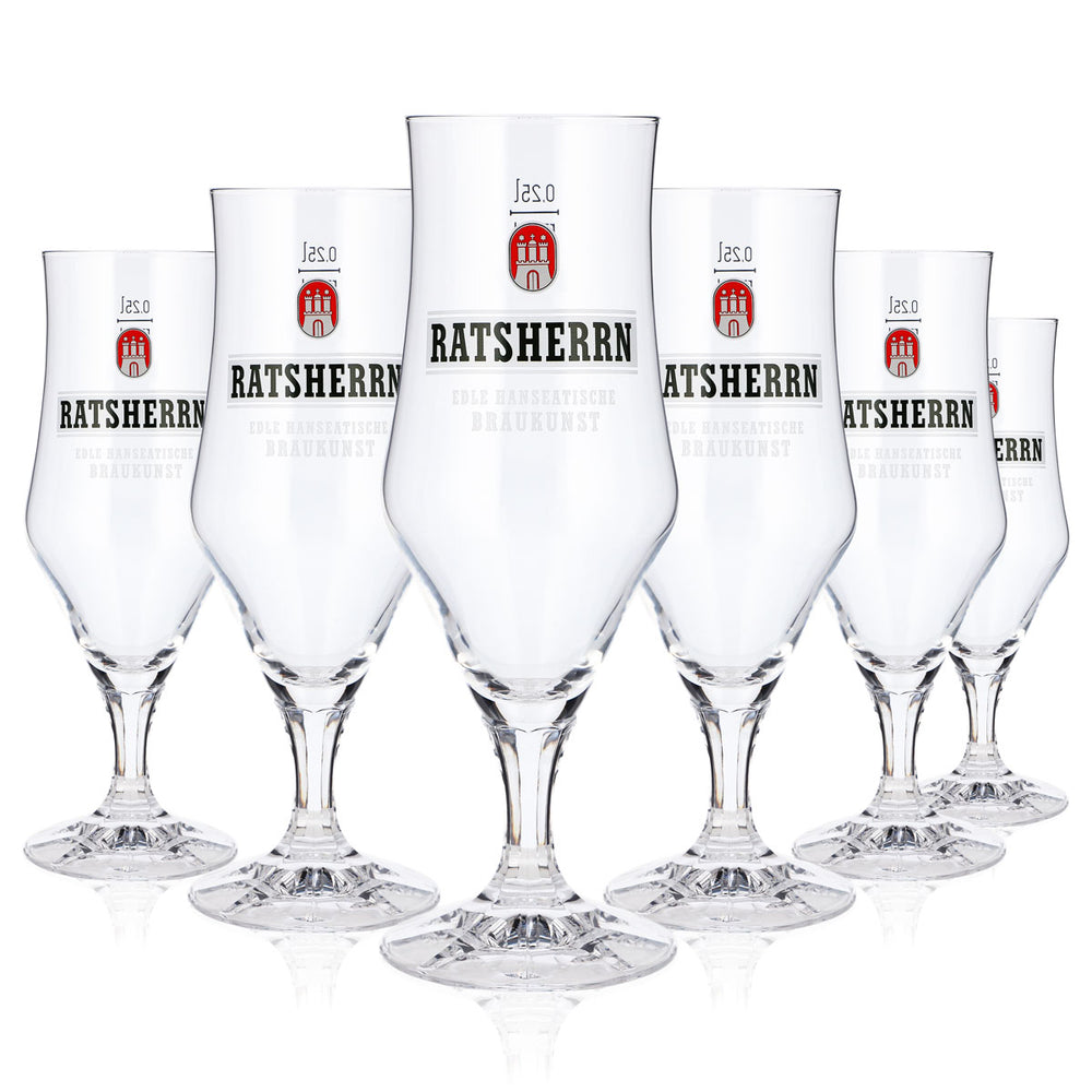 Lot de 6 verres à bière « Ratsherrn » de 0,25 l, forme coupe, logo blanc, verres à bière Rastal (lot de 6)