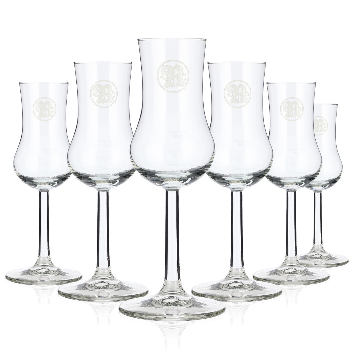 6 verres à shot Roner Schnaps en verre 2 cl/4 cl Verre à grappa « R » Logo blanc Rastal