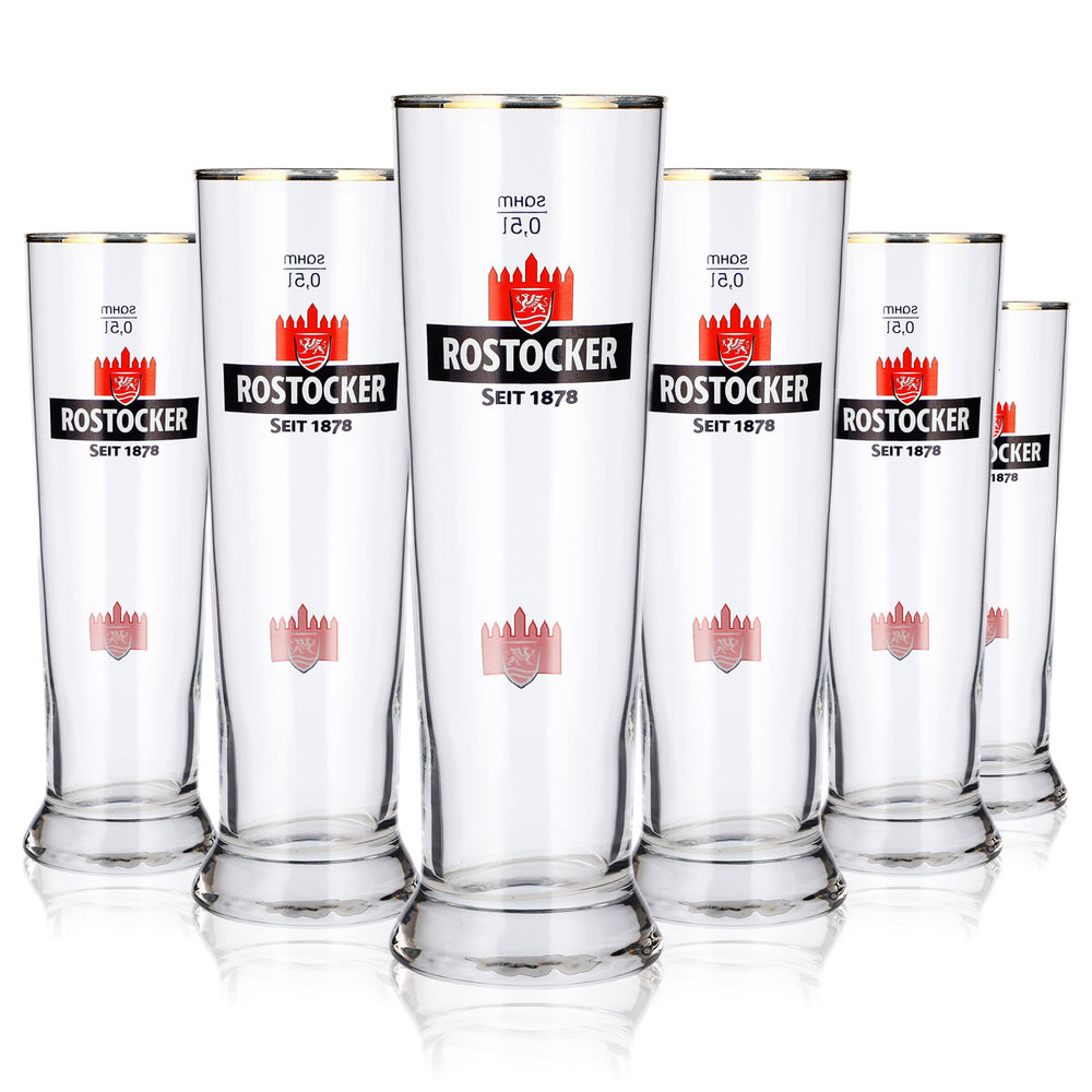 6 verres à bière de Rostock, 0,5 l, forme de coupe, logo « Burg » rouge, bord doré, Sahm