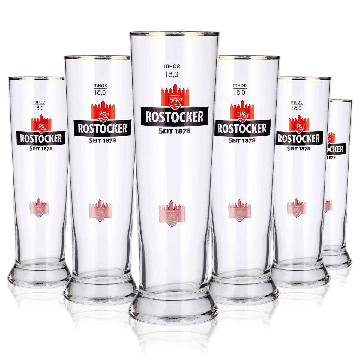 6 verres à bière de Rostock, 0,5 l, forme de coupe, logo « Burg » rouge, bord doré, Sahm