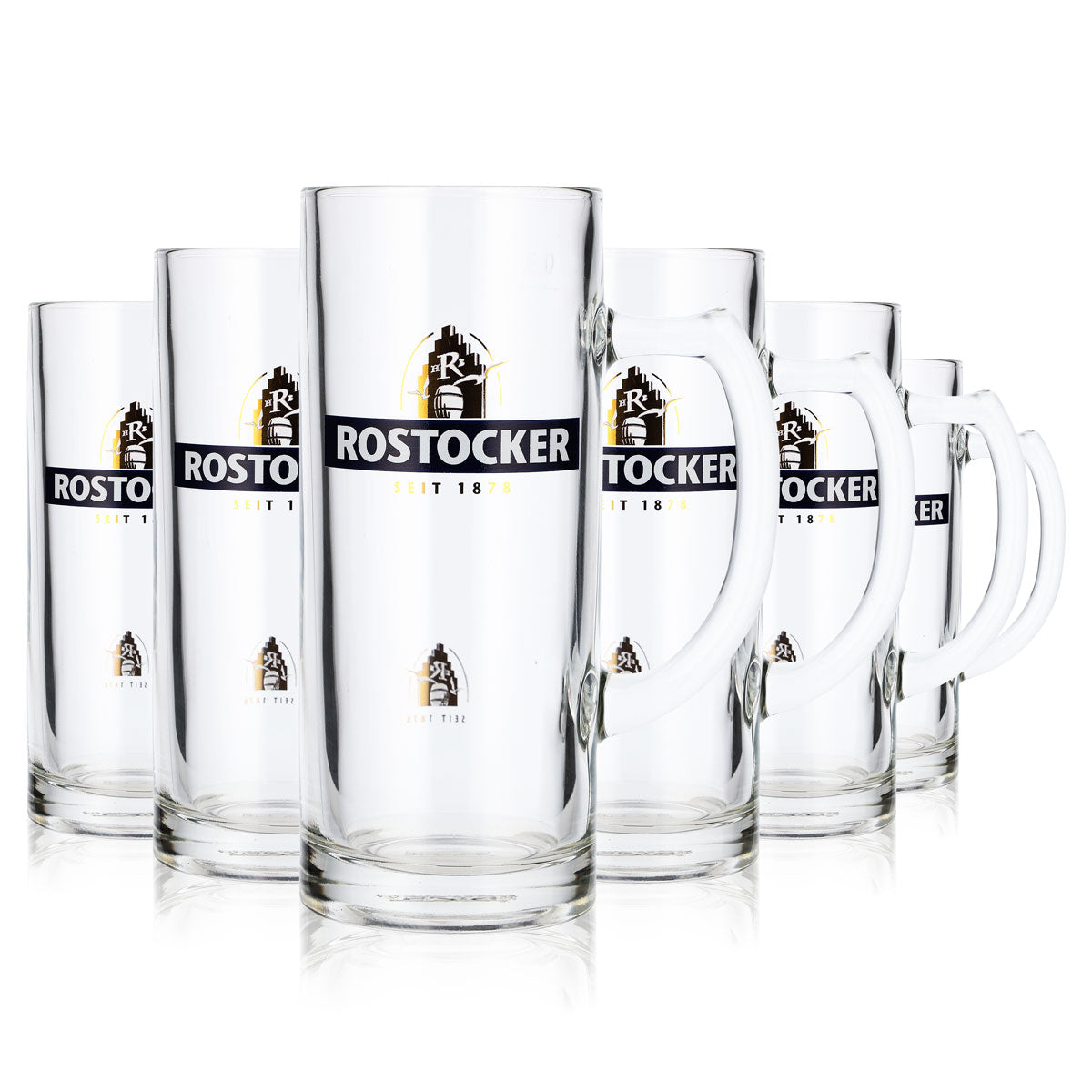 6 verres à bière Rostocker Bier Glas Bierseidel 0,3 l, chope bleue, logo doré Rastal