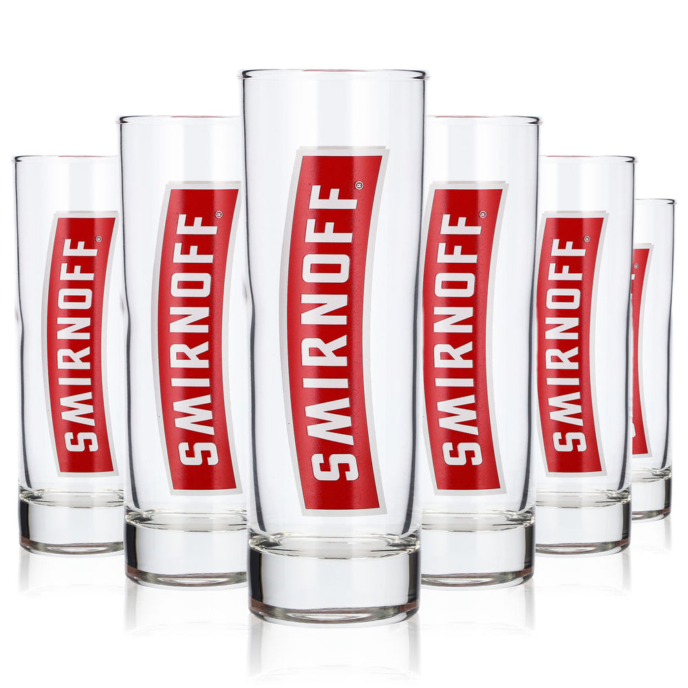 6 verres à vodka Smirnoff de 0,22 l, verres à long drink avec logo rouge vertical (lot de 6)