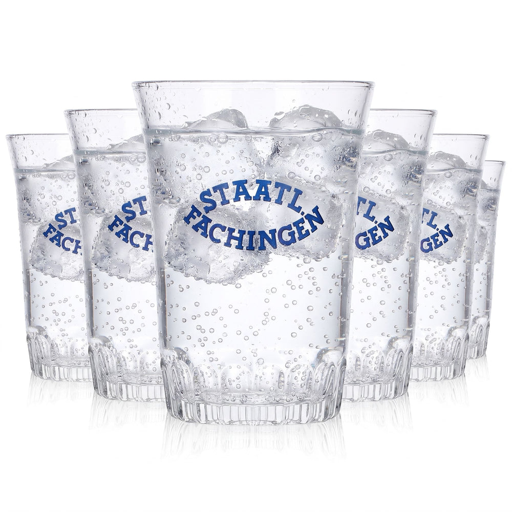 6 verres à eau « Staatl. Fachingen » de 0,15 l avec logo bleu en relief « France »