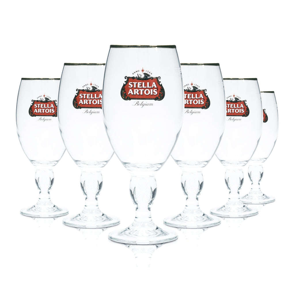 6 verres à bière Stella Artois 0,33 l, forme tulipe, bord doré, pied design, verres de bar