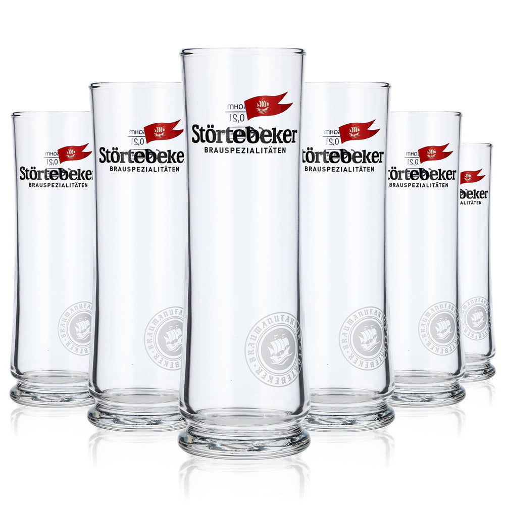 6 verres à bière Störtebeker 0,2 l, logo blanc rond au fond, verres Stiegl