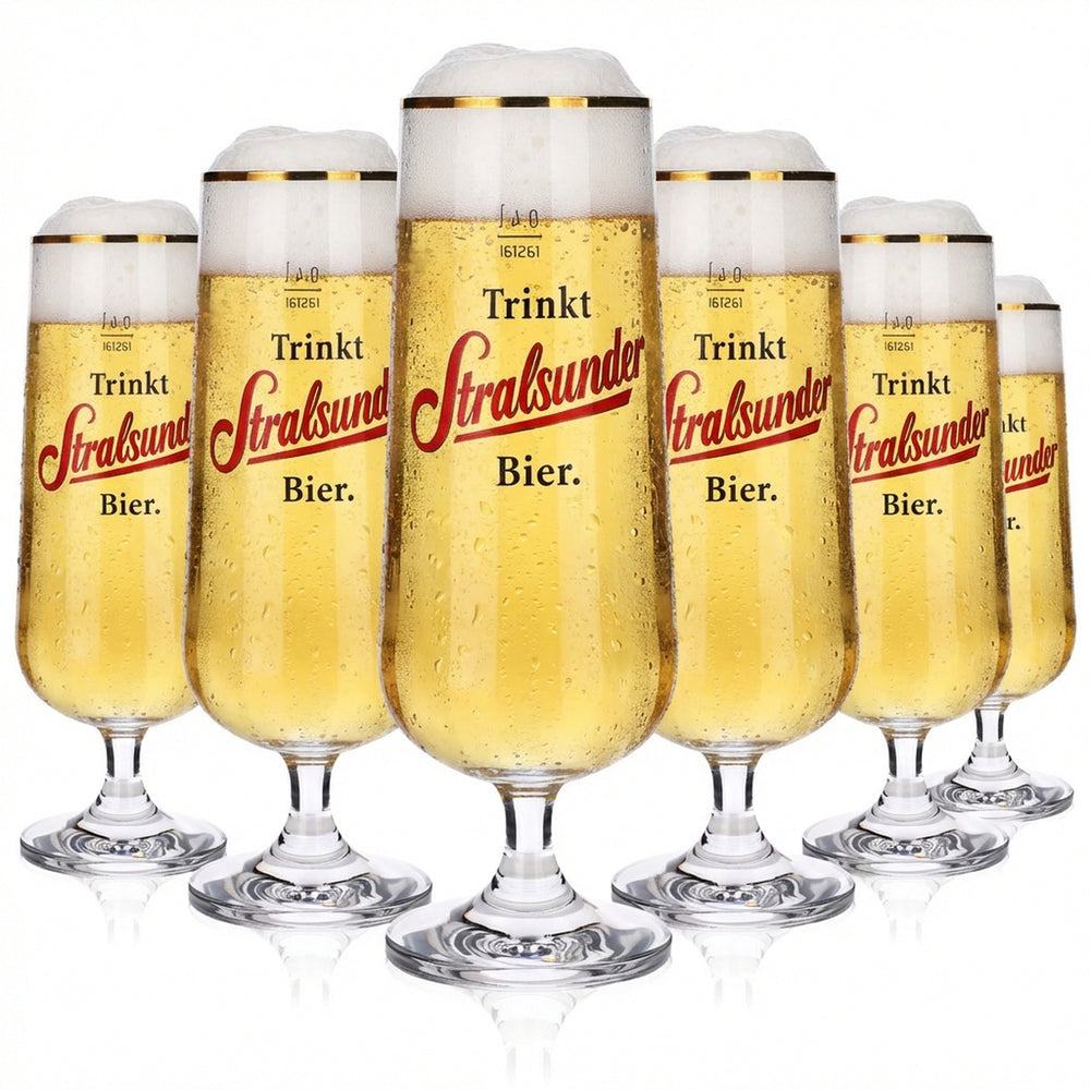 6 verres à bière Stralsunder Glas 0,4 l avec bord doré, forme pilstulpe, brasserie Hanse