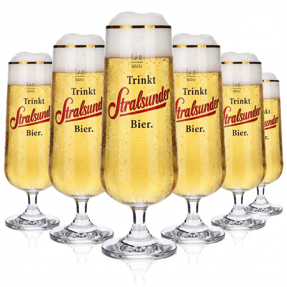 6 verres à bière Stralsunder Glas 0,4 l avec bord doré, forme pilstulpe, brasserie Hanse