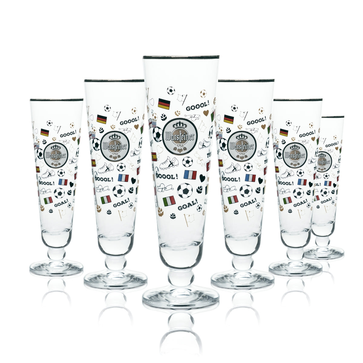 6 verres à bière Warsteiner 0,2 l, forme tulipe, motif football, Coupe du monde, équipe nationale