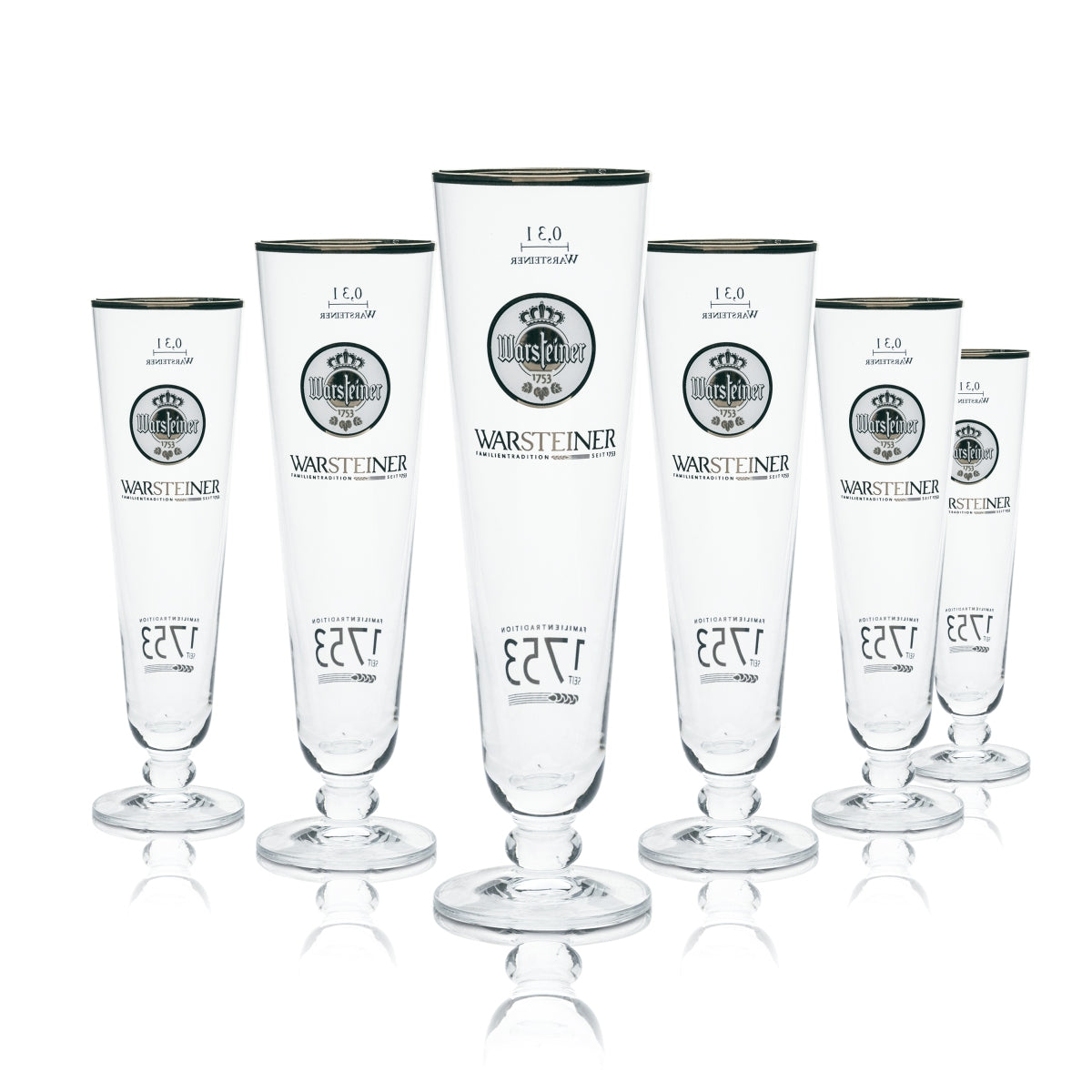6 verres à bière Warsteiner 0,3 l, forme tulipe, bord doré, brasserie Gastro 1753