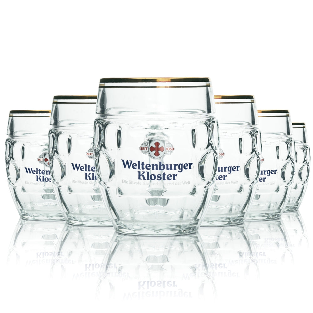 6 verres à bière Weltenburger Kloster 0,4 l, chope à anse, bord doré, chêne