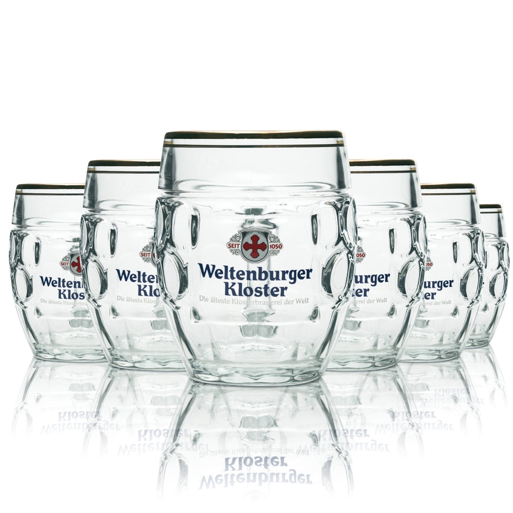 6 chopes en verre Weltenburger Klosterbier, rondes, 0,5 l, bord doré Stölze