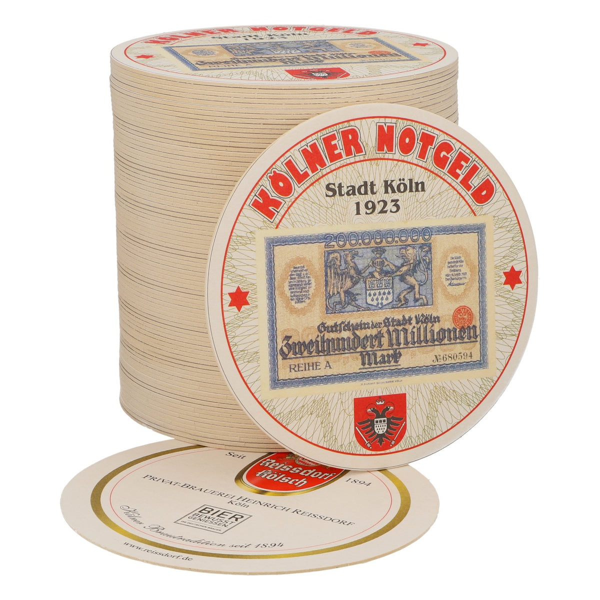 80x sous-verres Reissdorf « Kölner Notgeld » (monnaie de nécessité de Cologne) Deux cents millions de marks