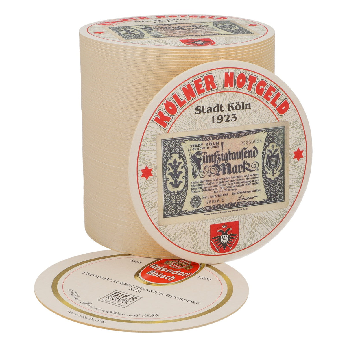 80x sous-verres Reissdorf « Kölner Notgeld » (monnaie de nécessité de Cologne) Cinquante mille marks