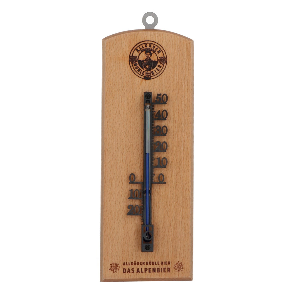 Thermomètre extérieur/intérieur Allgäuer Brauhaus Büble sur socle en bois de hêtre