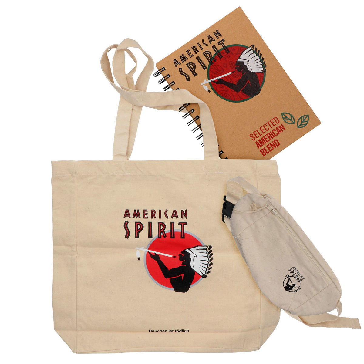 Coffret American Spirit Fan comprenant un sac banane, un sac en jute et un bloc-notes