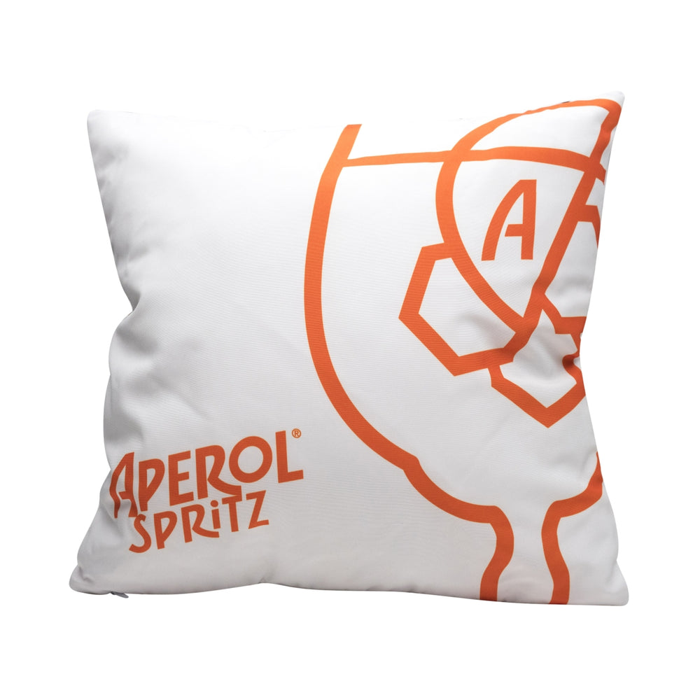 Coussin Aperol Spritz blanc bouteille 40x40 décoration d'extérieur canapé lounge bar logo canapé