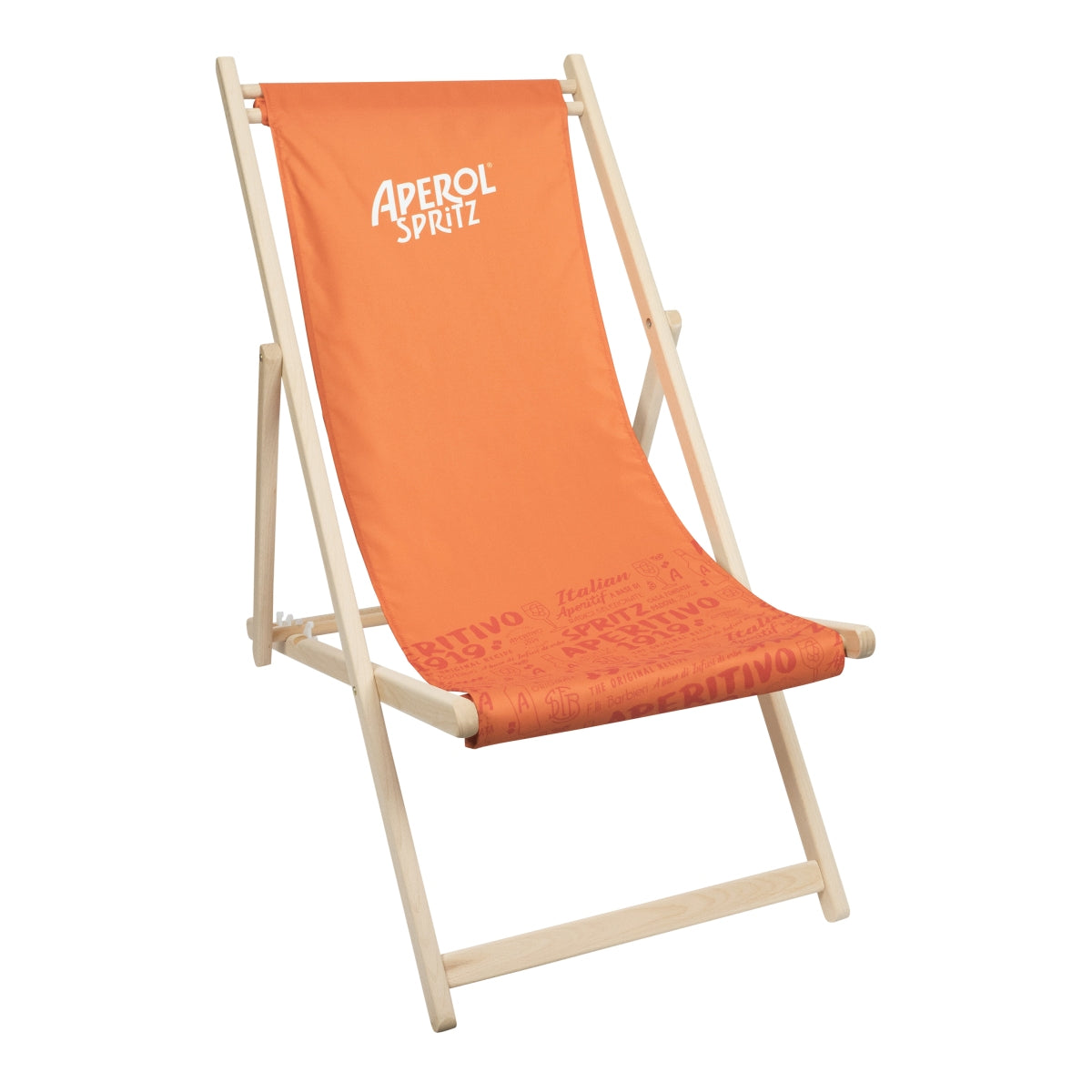 Aperol Spritz Liqueur Chaise longue Orange Structure en bois Inscription horizontale en haut