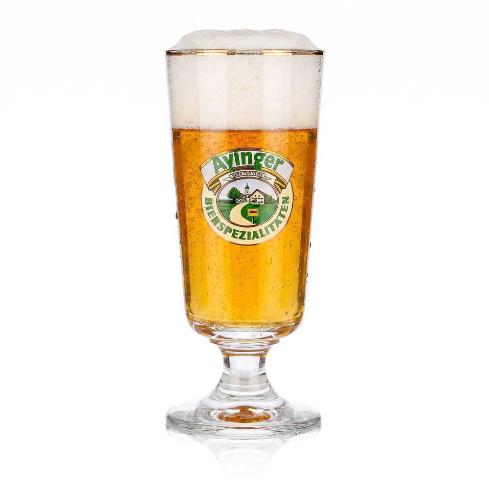 Verre à bière Ayinger 0,3 l, forme coupe, bord doré, motif Rastal