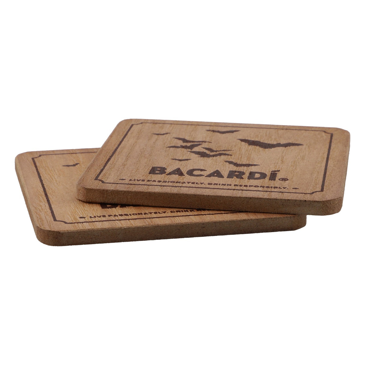 Bacardi Oakheart Lot de 2 sous-verres en bois véritable « Chauves-souris »