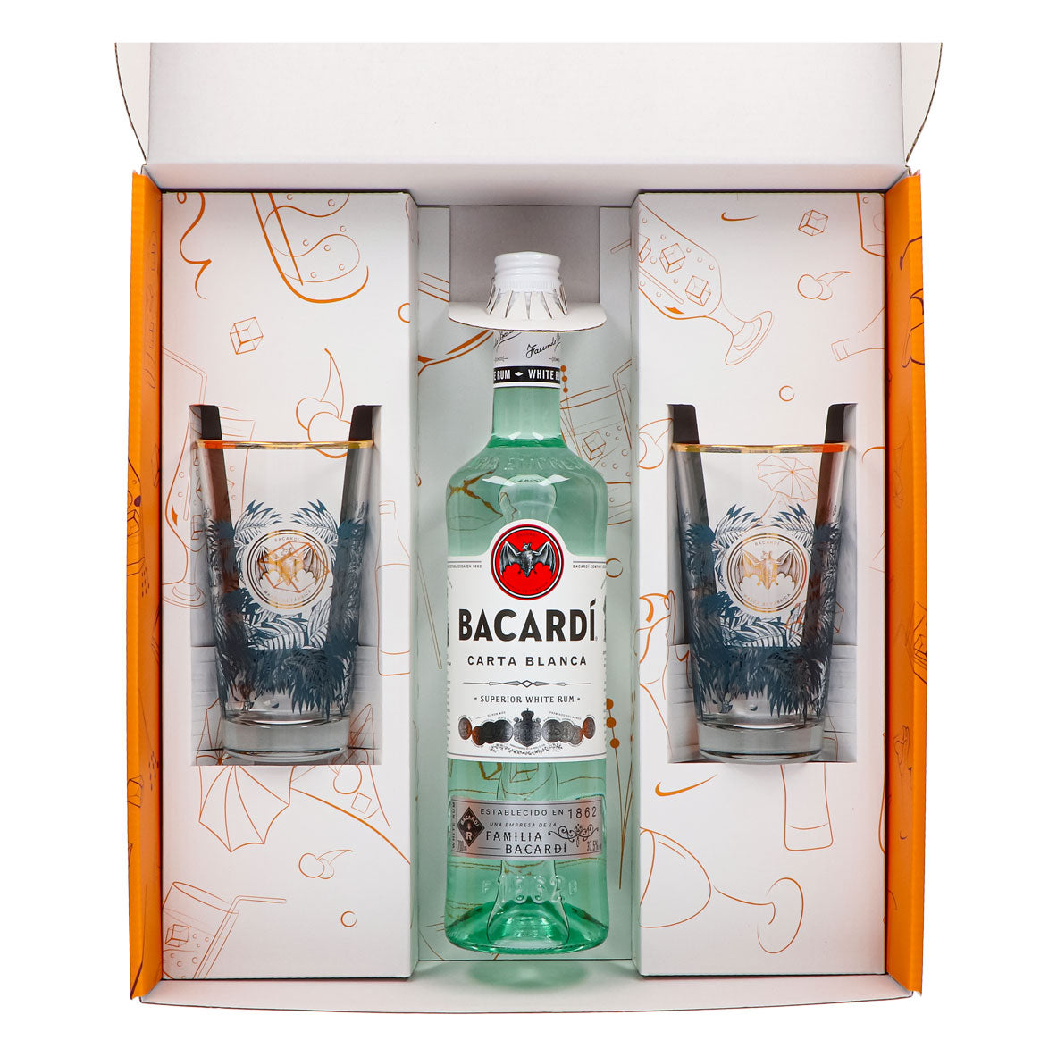 Bacardi Rum Geschenkset 0,7l Flasche 37,5 % Vol. + Longdrink Gläser Goldrand–orange – Ansicht 4
