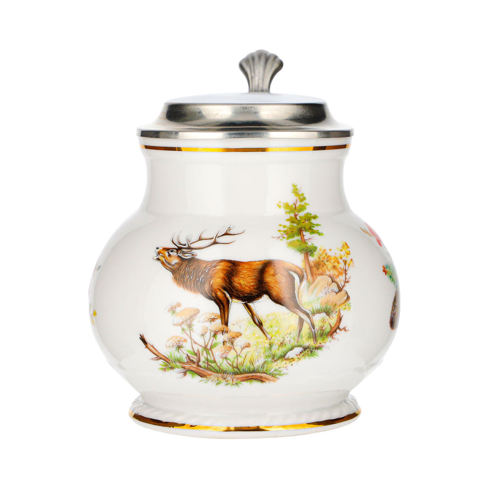 Chope à bière avec couvercle en étain, motif chevreuil, céramique, verre, faïence, objet de collection rétro