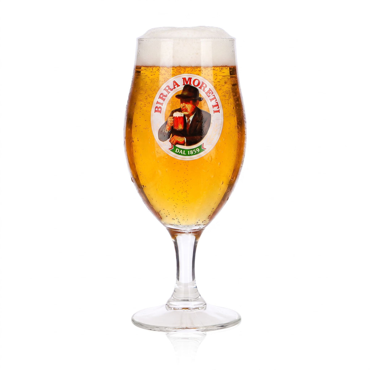 Verre à bière Birra Moretti 0,25 l, forme coupe, avec portrait et logo « Dal 1859 »