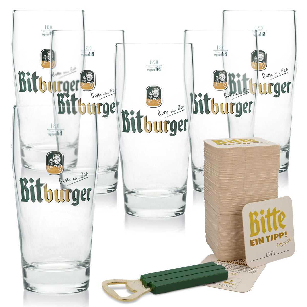 Lot de bière Bitburger Set Bar I composé de 6 verres Willi, 1 décapsuleur et sous-verres