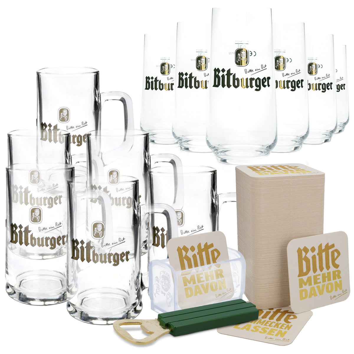Lot de bière Bitburger Bar Set III comprenant 6 chopes, 6 verres, un décapsuleur et un porte-couvercle
